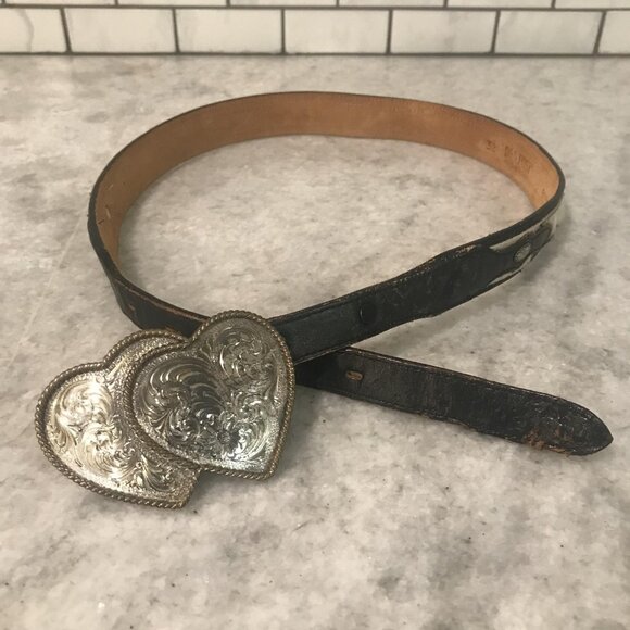 Dan Post Belt Women 32 Black Brown Cowhide Double Heart Buckle Western Rodeo USA - Picture 2 of 10